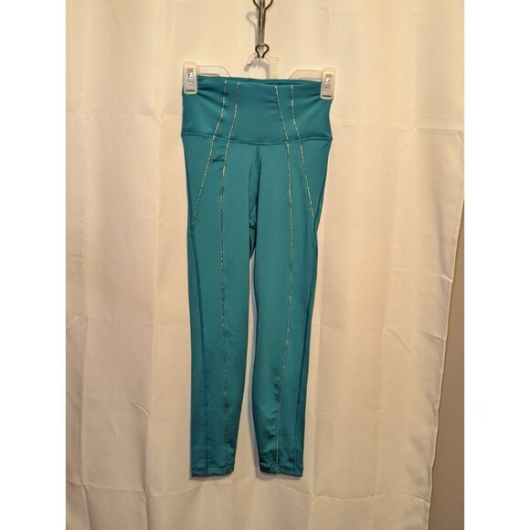 Nike Lurex Leggings Turquoise Dri-Fit Yoga 7/8 Metallic Stripe High Waist Sz S - Picture 2 of 14